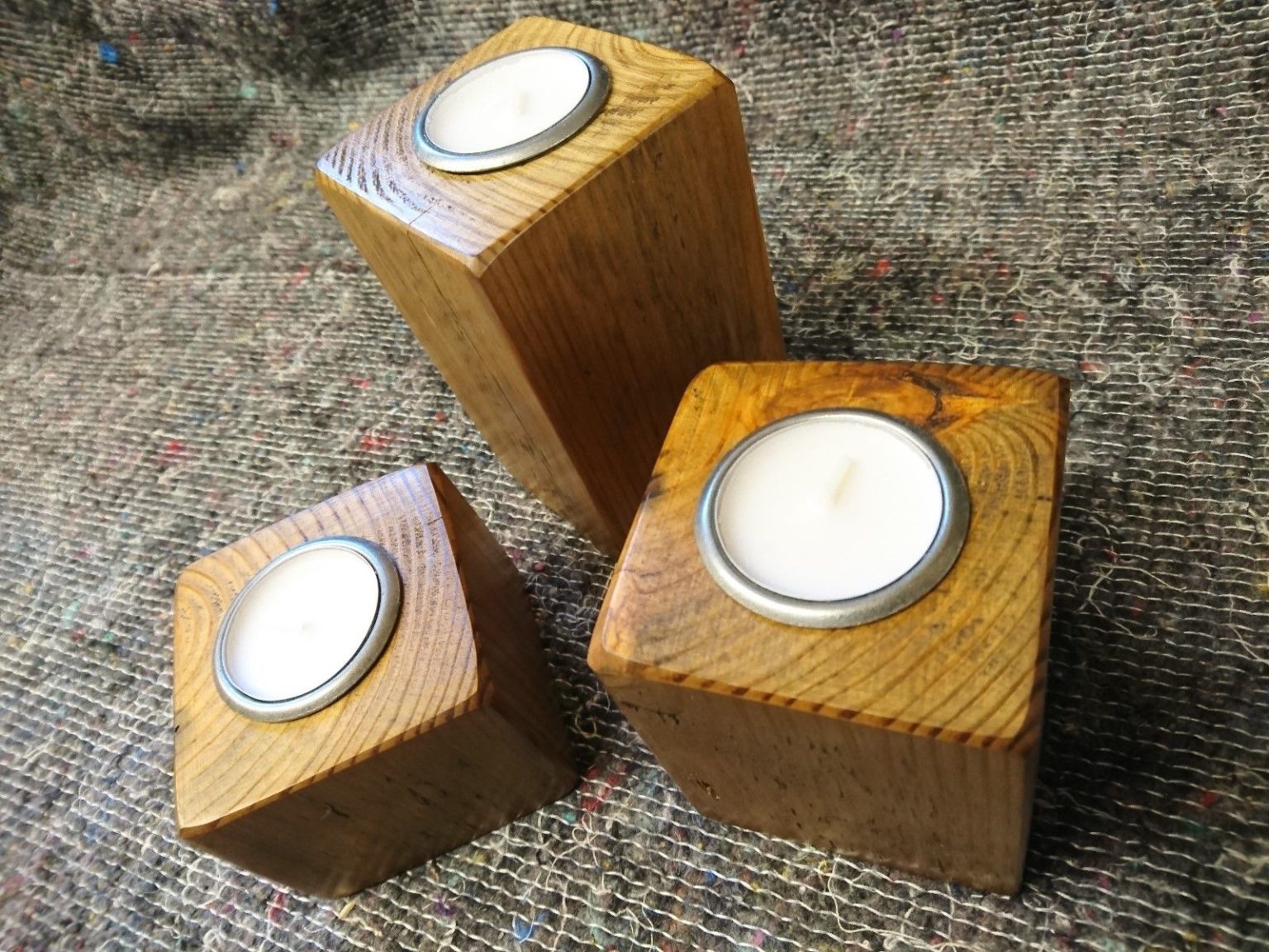 A Set of Reclaimed Vintage Pine Candle Holders (Tea lights, Rustic Candles, Wooden) The Market Co