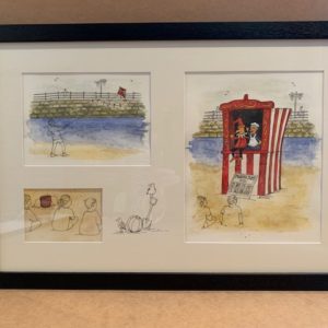 Punch and Judy beach scene Original Watercolour in open grain black colour Solid Wood Frame